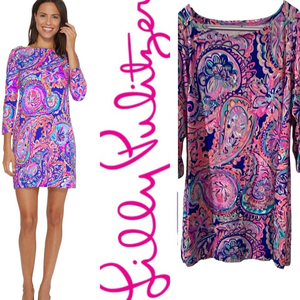 Lilly Pulitzer Sophie Shift Dress XL Floral Pink 3/4 Sleeve Knit Stretch